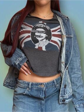 Live Nation Women's Charcoal Gray Cropped Graphic Tee with Union Jack Motif